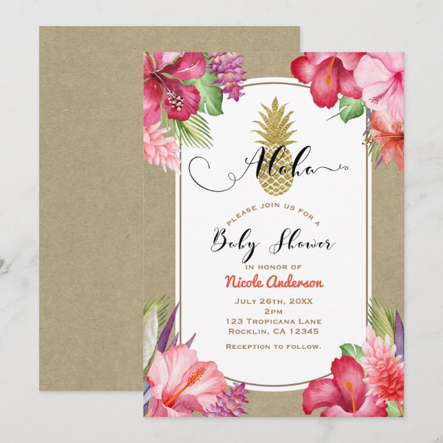 Aloha Baby Shower Tropical Gold Pineapple Floral Invitation (Front/Back)