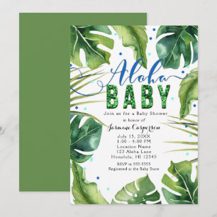 ALOHA BABY Shower Tropical Leaves Blue Green Invitation