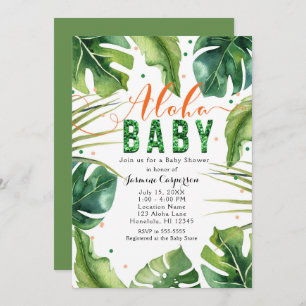 ALOHA BABY Shower Tropical Leaves Orange & Green Invitation