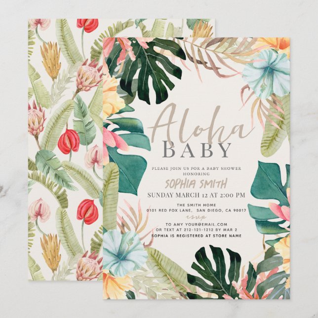 Aloha Baby Tropical Floral Baby Shower Invitation (Front/Back)