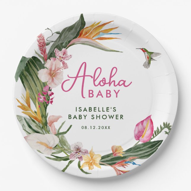 Aloha Baby Tropical Floral Wreath Baby Shower Paper Plate (Front)