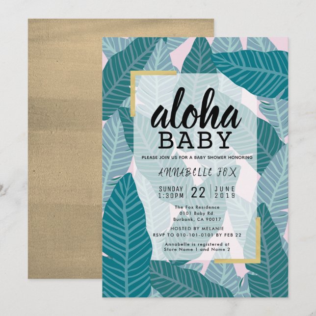 "Aloha Baby" Tropical Leaves Pink Baby Shower Invitation (Front/Back)