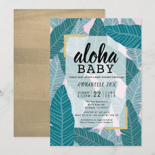 "Aloha Baby" Tropical Leaves Pink Baby Shower Invitation