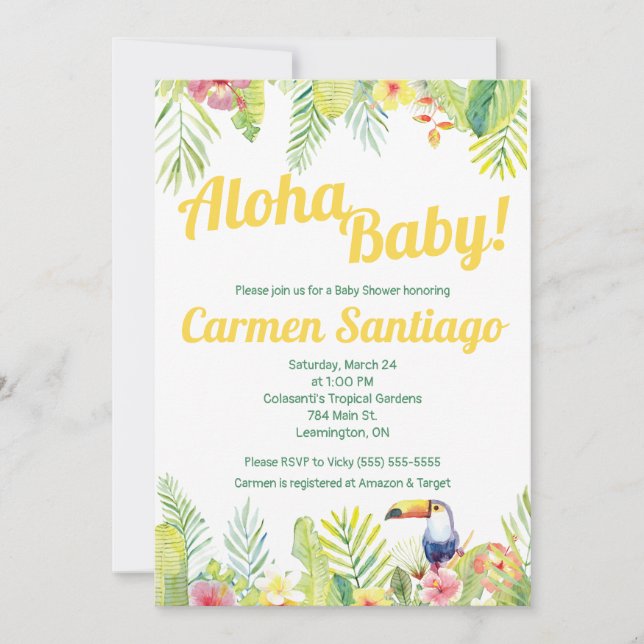 Aloha Baby!  Tropical, toucan themed baby shower Invitation (Front)