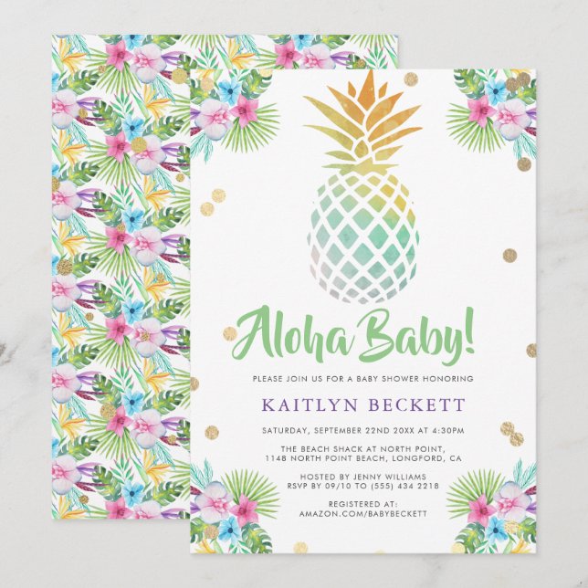 Aloha Baby! Watercolor Pineapple Baby Shower Invitation (Front/Back)