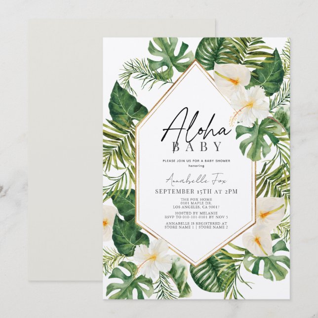 Aloha Baby White Tropical Floral Baby Shower Invitation (Front/Back)