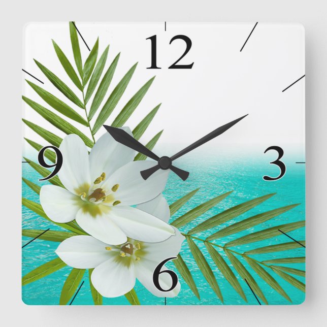 Aloha Beach Tropical Flowers Square Wall Clock (Front)