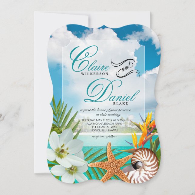 Aloha Beach Wedding Plumeria Frangipani Nautilus Invitation (Front)