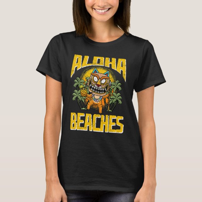 Aloha Beaches Hawaiian Cat Wearing Tiki Mask Luau  T-Shirt (Front)