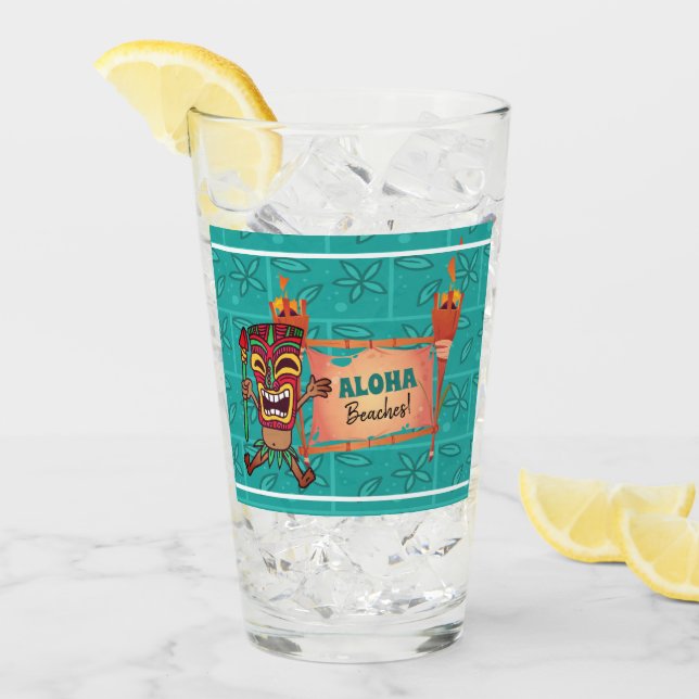 Aloha Beaches Tiki Torches Hawaiian Luau Bamboo  Glass (Front Ice)