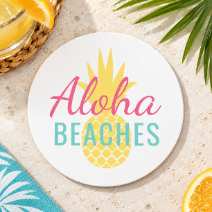 Aloha Beaches Tropical Yellow Pineapple Round Paper Coaster