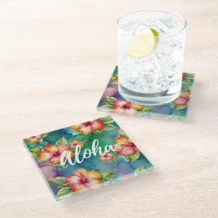 Aloha beautiful hibiscus flower pattern Hawaii Glass Coaster