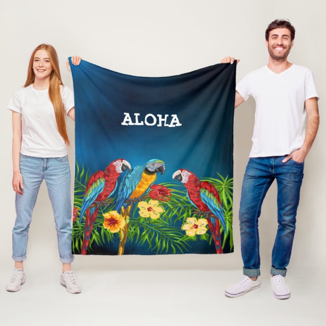 Aloha birds parrots blue palm leaves flowers fleece blanket (In Situ)