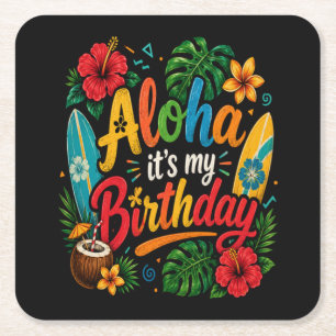 Aloha Birthday Hibiscus Hawaii Square Paper Coaster