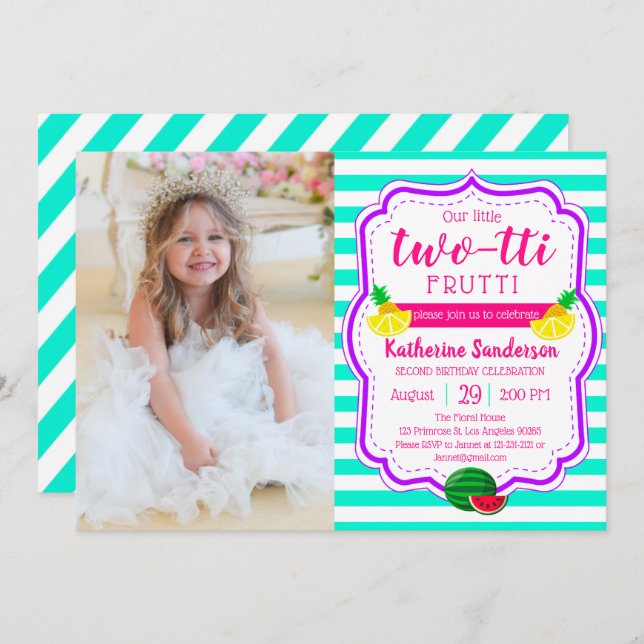 Aloha Birthday Luau Tropical Photo Two-tti Frutti Invitation (Front/Back)