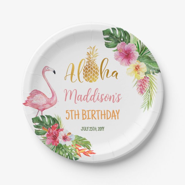 Aloha Birthday Pineapple Tropical Floral Flamingo Paper Plate (Front)