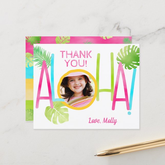 Aloha Birthday Tropical Luau Photo Thank You Card (Front/Back In Situ)