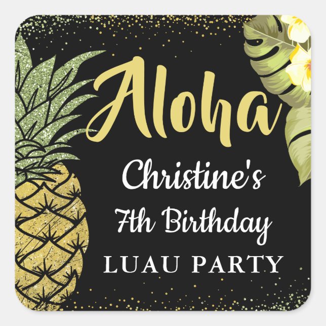 Aloha Black Gold Glitter Pineapple Floral Birthday Square Sticker (Front)