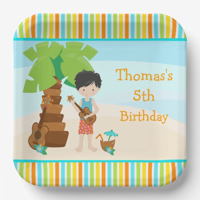 Aloha Black Hair Boy Party Paper Plate (Front)