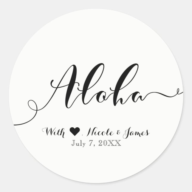 ALOHA Black Script Chic Hawaiian Luau White Favour Classic Round Sticker (Front)