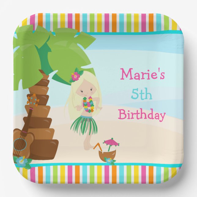 Aloha Blonde Hair Girl Party Paper Plate (Front)