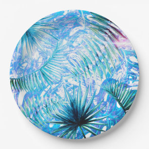 Aloha- BlueTropical Palm and Monstera Garden Paper Plate