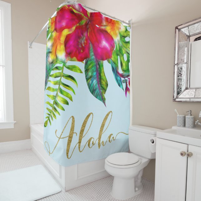 Aloha Bright Electric Pop Tropical Floral Shower Curtain (In Situ)