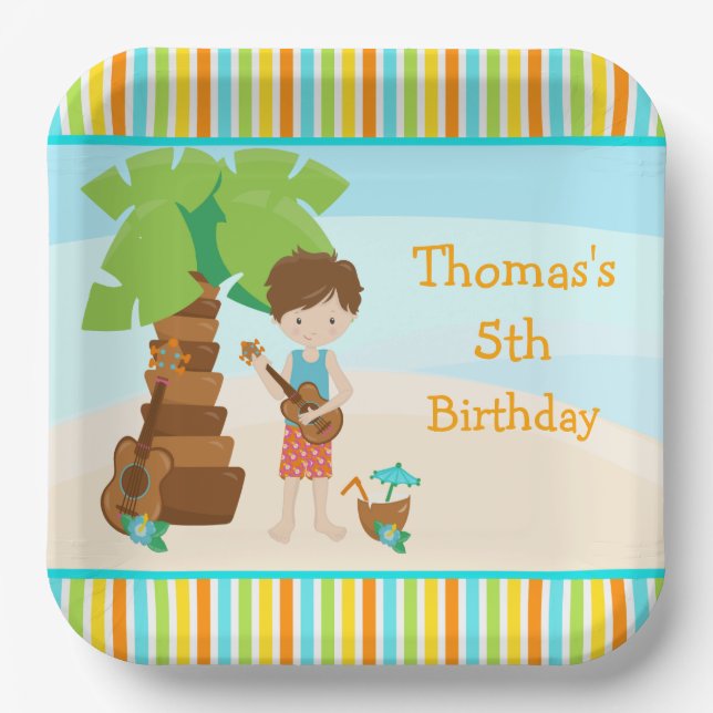 Aloha Brown Hair Boy Party Paper Plate (Front)