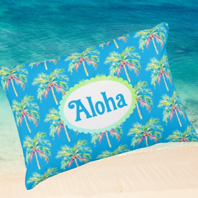 Aloha Caribbean Blue Tropical Palm Tree  Decorative Cushion (Perfect tropical accent pillow can be personalized!)