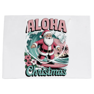 Aloha Christmas Hawaii Santa Surfing Tropical Large Gift Bag