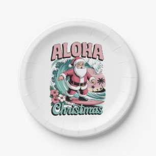 Aloha Christmas Hawaii Santa Surfing Tropical Paper Plate