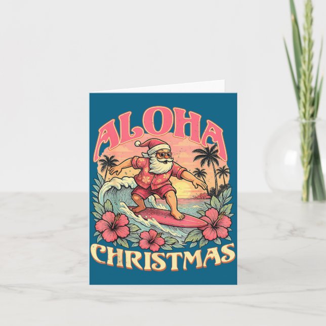 Aloha Christmas Santa Claus Surfing Hawaiian Mele  Card (Front)