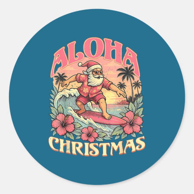 Aloha Christmas Santa Claus Surfing Hawaiian Mele  Classic Round Sticker (Front)