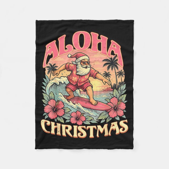 Aloha Christmas Santa Claus Surfing Hawaiian Mele  Fleece Blanket (Front)