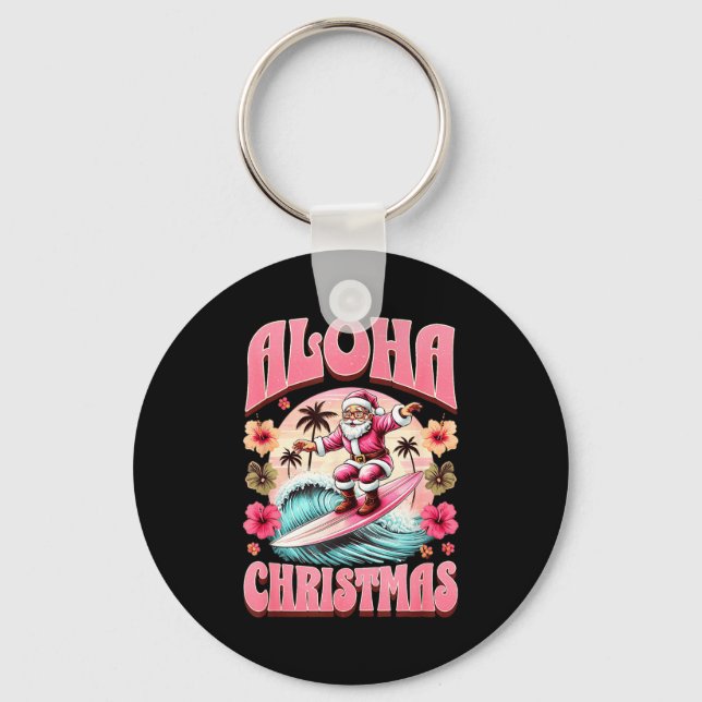 Aloha Christmas Santa Claus Surfing Hawaiian Mele  Key Ring (Front)