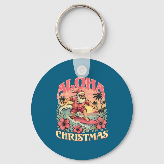 Aloha Christmas Santa Claus Surfing Hawaiian Mele  Key Ring (Front)