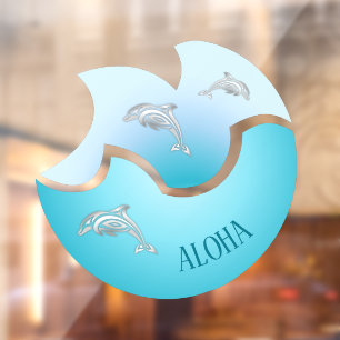Aloha   Coastal Blue Wave Dolphins Window Cling