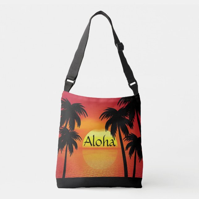 Aloha Colourful Hawaiian Palm Trees and Sunset  Crossbody Bag (Front)
