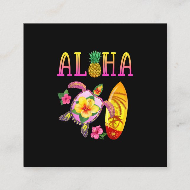 Aloha Cool Kawaii Turtle Surfboard Hawaiian Turtle Square Business Card (Front)