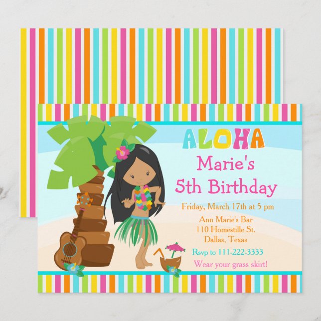 Aloha Cute African American Girl Birthday Party Invitation (Front/Back)