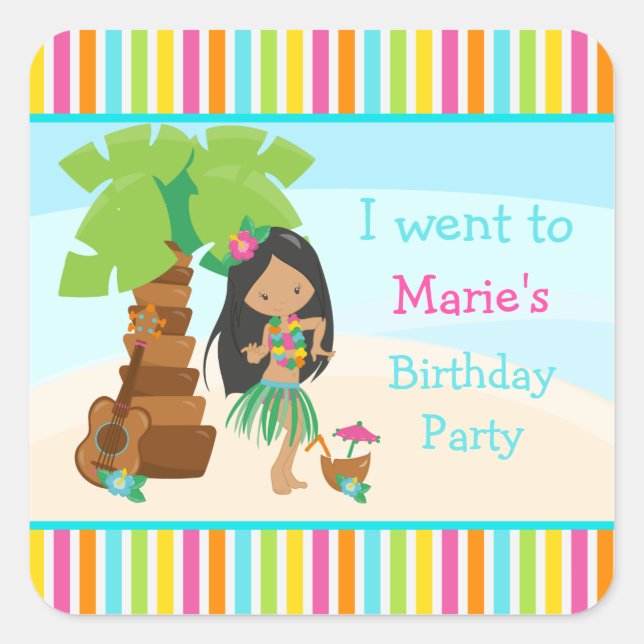 Aloha Cute African American Girl Party Square Sticker (Front)
