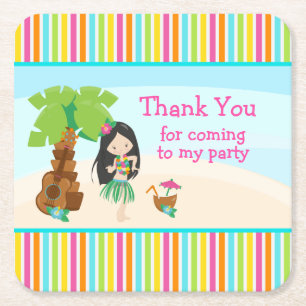 Aloha Cute Black Hair Girl 'Thank you for coming' Square Paper Coaster