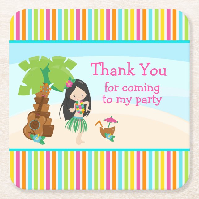 Aloha Cute Black Hair Girl 'Thank you for coming' Square Paper Coaster (Front)
