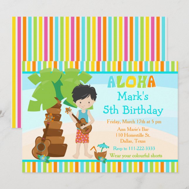 Aloha Cute Black haired Boy Birthday Party Invitation (Front/Back)