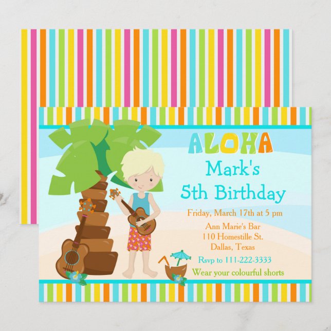 Aloha Cute Blonde Boy Birthday Party Invitation (Front/Back)