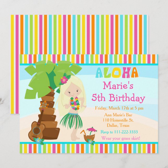 Aloha Cute Blonde Girl Birthday Party Invitation (Front/Back)