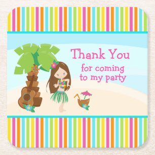 Aloha Cute Brown Hair Girl 'Thank you for coming' Square Paper Coaster