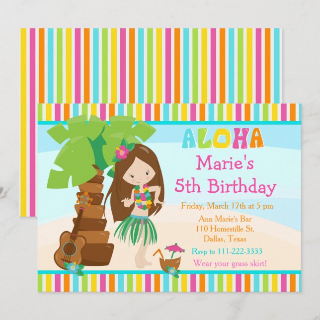 Aloha Cute Brunette Girl Birthday Party Invitation (Front/Back)