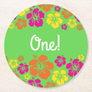 Aloha Cute Hawaiian 1st Birthday Party Theme Round Paper Coaster