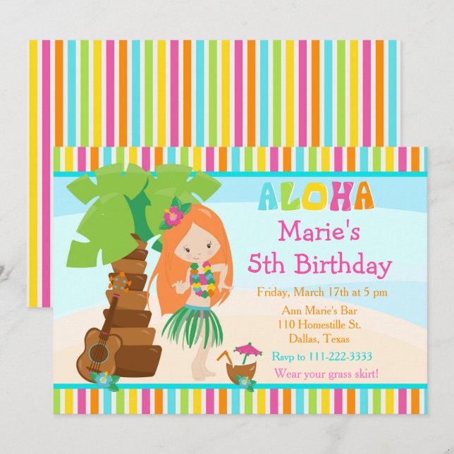 Aloha Cute Red Hair Girl Birthday Party Invitation (Front/Back)